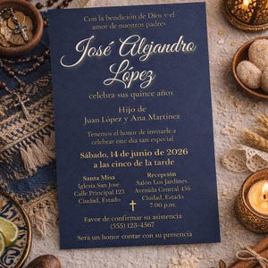 Puede incluir: Una tarjeta de invitación azul marino con letras doradas que anuncia una celebración de quinceañera para José Alejandro López. La tarjeta incluye detalles del evento, fecha, hora y lugar. Elementos decorativos: velas, palitos de canela y maracas.