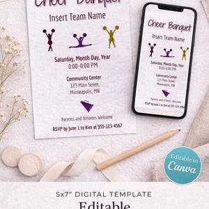 May include: A digital template for a Cheer Banquet invitation. The design features the text "Cheer Banquet" and "Insert Team Name" in a purple script. Cheerleaders are illustrated in purple and gold. The invitation is 5x7 inches.