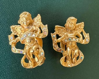 Vintage Kirk's Folly Cherub Earrings, Gold Tone AB Rhinestone Clip-Ons