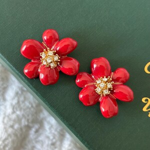 Vintage Joan Rivers Red Enamel Flower Clip On Earrings Van Cleef Inspired