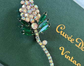 Vintage 1950s Rhinestone Floral Navette Brooch: Emerald and Aurora Borealis Pin