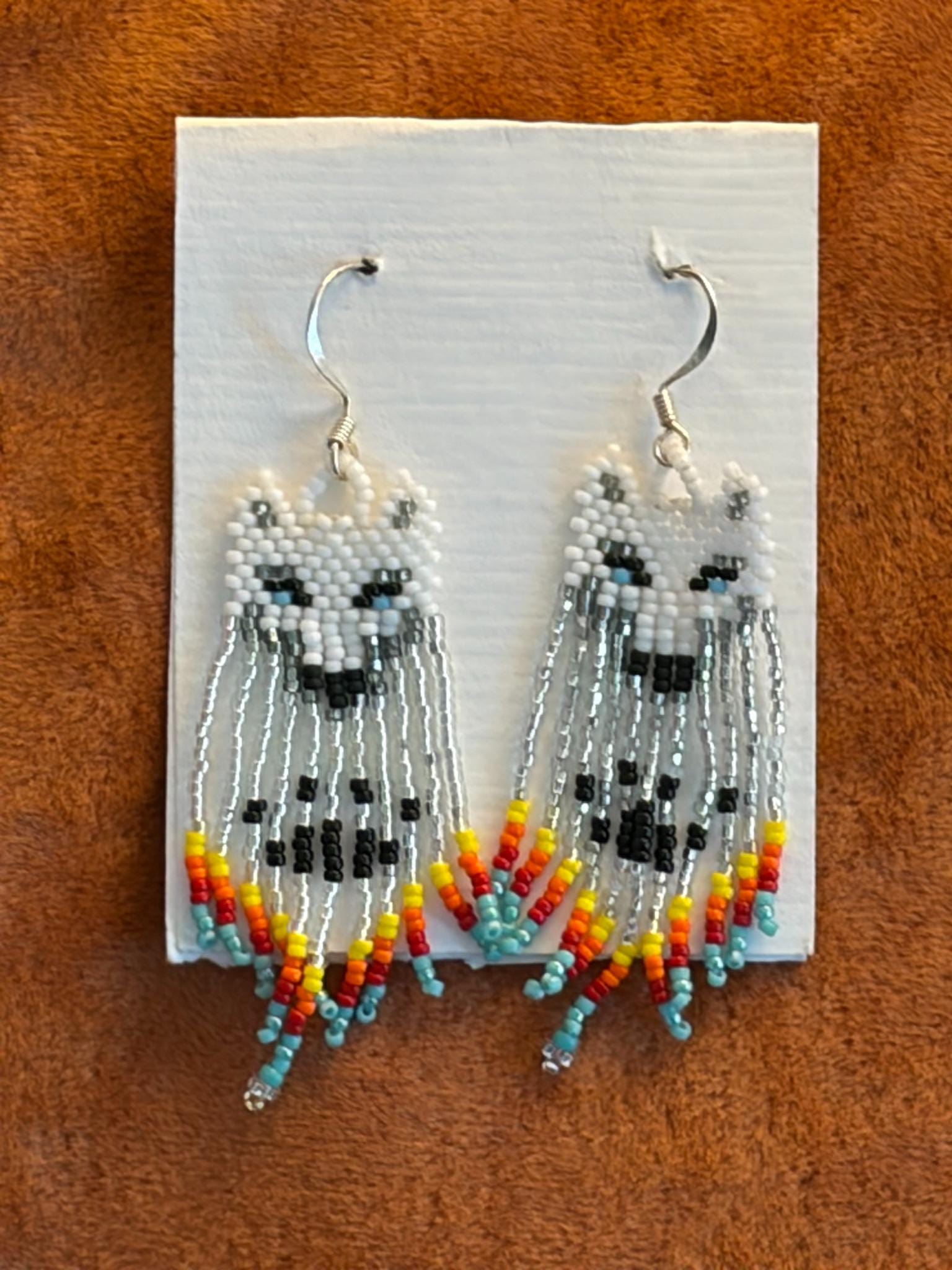 White Beaded Wolf Earrings with Fringe Handmade Native-Inspired Seed Bead Jewelry Statement Dangle Earrings