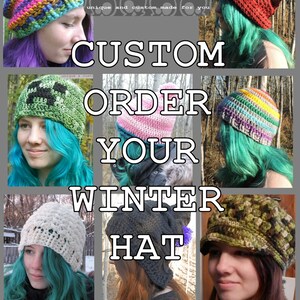 May include: A collage of six different crocheted winter hats in various colors and patterns. The hats are worn by people with different hair colors. The text "SPARKLE & DOOM DESIGNS" is at the top of the image. The text "CUSTOM ORDER YOUR WINTER HAT" is in the center of the image.