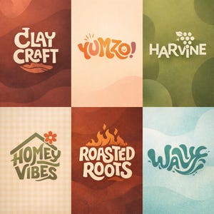 May include: A collection of six graphic designs with text. The designs feature the words "Clay Craft," "Yumzo!," "Harvine," "Homey Vibes," "Roasted Roots," and "Wave" in various fonts and colors, set against textured backgrounds.