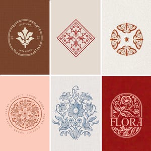 May include: A collection of six vintage-style logos and illustrations. Designs include floral motifs, geometric patterns, and text elements. Colors are primarily earth tones, with accents of red and blue. The logos feature text such as "WEST END INTERIORS" and "FLORA".