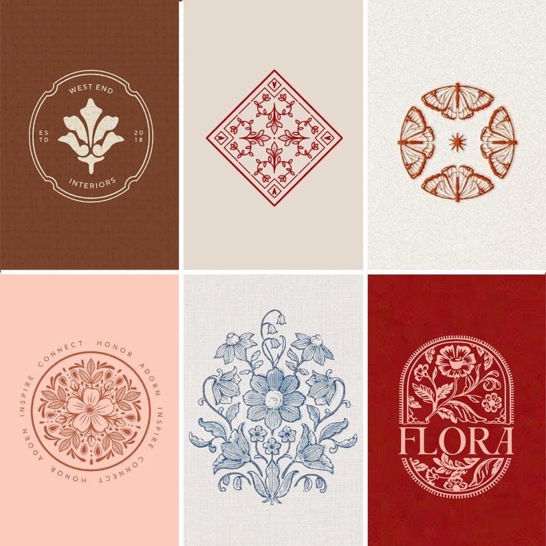 May include: A collection of six vintage-style logos and illustrations. Designs include floral motifs, geometric patterns, and text elements. Colors are primarily earth tones, with accents of red and blue. The logos feature text such as "WEST END INTERIORS" and "FLORA".