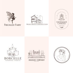 May include: A collection of six minimalist logos in black and white. The logos include a fairy, a house, a candle, a set of candles, a living room, and a woman with flowers. Each logo has text.
