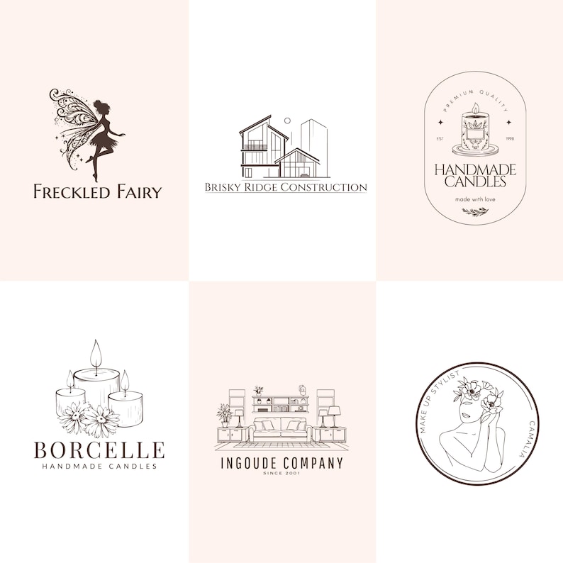 May include: A collection of six minimalist logos in black and white. The logos include a fairy, a house, a candle, a set of candles, a living room, and a woman with flowers. Each logo has text.