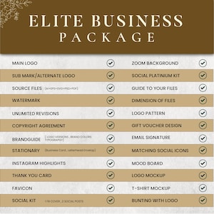 May include: A gold and brown graphic with the text "ELITE BUSINESS PACKAGE." The image lists services including logo design, social media kits, and stationery. Each service has a checkmark next to it.