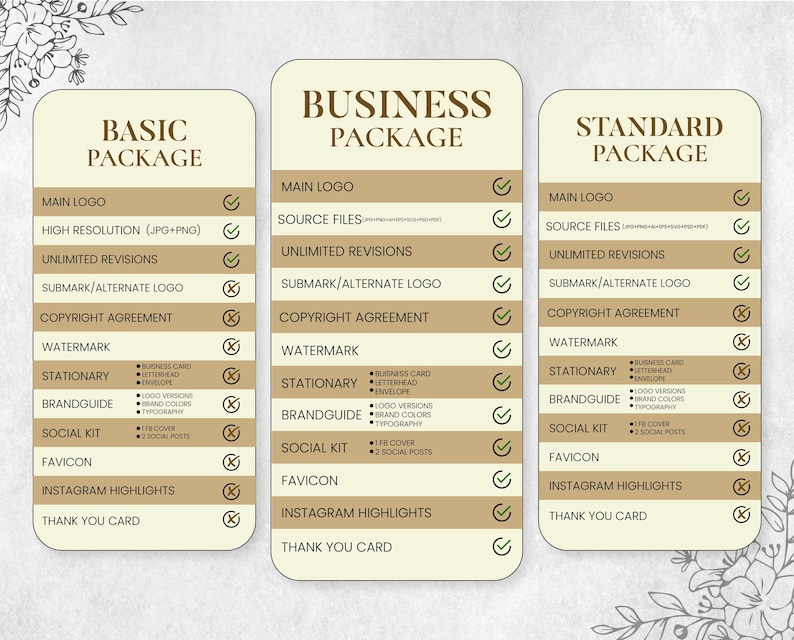 May include: A graphic design services package comparison chart. The chart features three columns labeled "Basic Package", "Business Package", and "Standard Package". Each package lists included services such as logo design, revisions, and stationery.