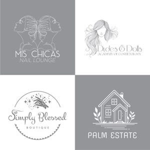 May include: Four logos on a gray and white background. The logos include text and line drawings. The logos are for a nail lounge, a cosmetology academy, a boutique, and a real estate company.