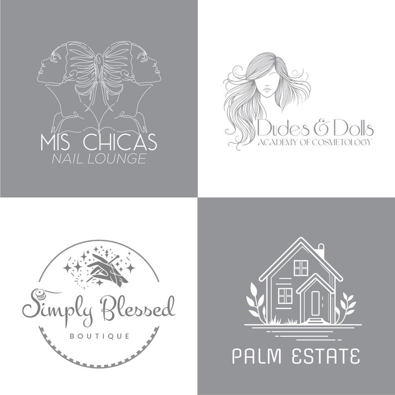 May include: Four logos on a gray and white background. The logos include text and line drawings. The logos are for a nail lounge, a cosmetology academy, a boutique, and a real estate company.