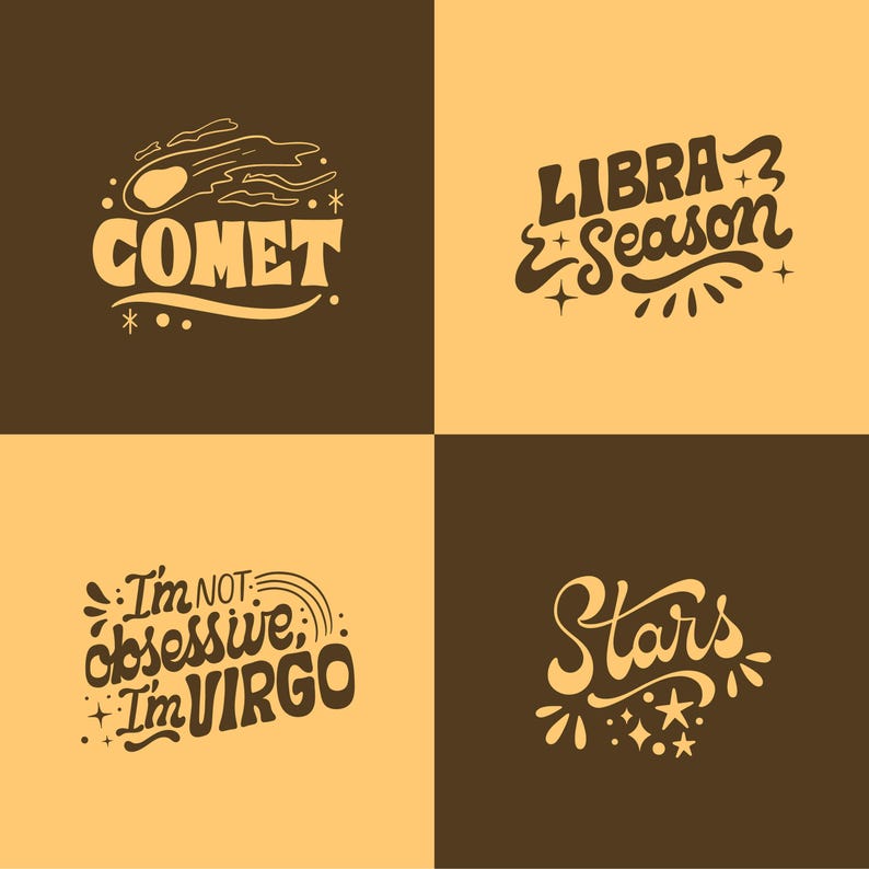May include: Four square graphic design with text. The top left reads "COMET" with a comet illustration. The top right says "LIBRA Season". The bottom left says "I'm not obsessive, I'm VIRGO". The bottom right says "Stars".