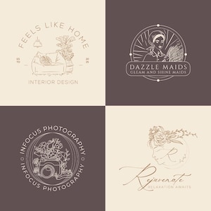 May include: Four minimalist logos in a square layout. The top left logo says "Feels Like Home" with a sketch of a room. The top right logo says "Dazzle Maids". The bottom left logo says "Infocus Photography". The bottom right logo says "Rejuvenate".