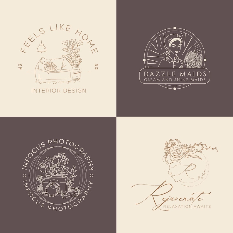 May include: Four minimalist logos in a square layout. The top left logo says "Feels Like Home" with a sketch of a room. The top right logo says "Dazzle Maids". The bottom left logo says "Infocus Photography". The bottom right logo says "Rejuvenate".