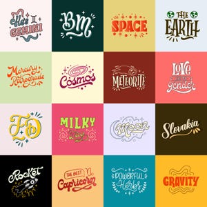 May include: A collection of sixteen colorful square designs with various text elements. The designs include phrases like "He's Gemini," "Space," "The Earth," "Cosmos," "Meteorite," "Love has no gender," "Milky Way," "Moon," "Rocket," and "Gravity."