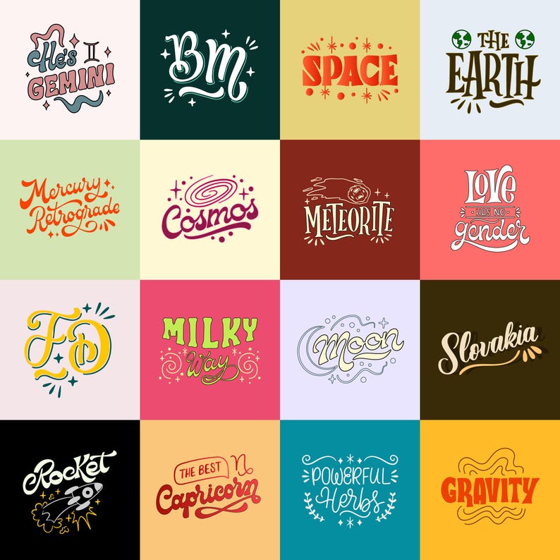 May include: A collection of sixteen colorful square designs with various text elements. The designs include phrases like "He's Gemini," "Space," "The Earth," "Cosmos," "Meteorite," "Love has no gender," "Milky Way," "Moon," "Rocket," and "Gravity."