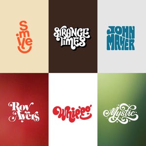 May include: A collection of six graphic designs featuring stylized text on various colored backgrounds. The designs include the words "smile" in orange, "Strange Times" in white, and "John Mayer" in blue. Other designs feature "Roy Ayers", "Whipped", and "Mystic".