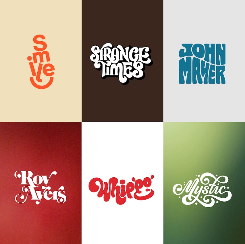 May include: A collection of six graphic designs featuring stylized text on various colored backgrounds. The designs include the words "smile" in orange, "Strange Times" in white, and "John Mayer" in blue. Other designs feature "Roy Ayers", "Whipped", and "Mystic".