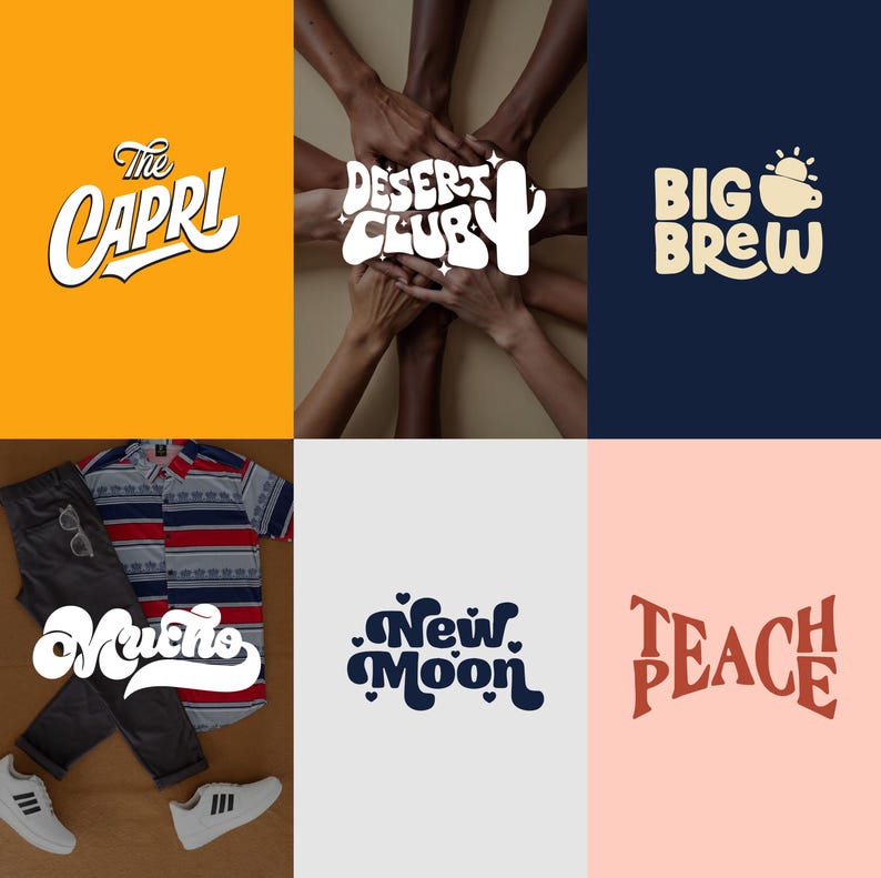 May include: A collage of six images featuring logos and apparel. The logos include "The Capri," "Desert Club," and "Big Brew." Apparel includes a shirt, pants, and shoes. The logos are in various colors, and the apparel is on a wooden surface.