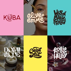 May include: A collage of six images featuring logos and product shots. Logos include "KUBA," "olive+emme," "We gon' make it through," "DOMINIQUE," "Card Art," and "Pollis says hello." Product shots show skincare and perfume.