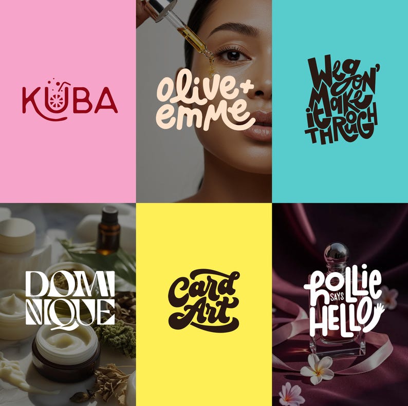 May include: A collage of six images featuring logos and product shots. Logos include "KUBA," "olive+emme," "We gon' make it through," "DOMINIQUE," "Card Art," and "Pollis says hello." Product shots show skincare and perfume.
