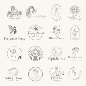 May include: A collection of minimalist logo designs in black and white. The logos feature various themes, including a dog, a fairy, floral designs, and text such as "Kate Lane", "Simply Blessed", and "Dawn Photography".