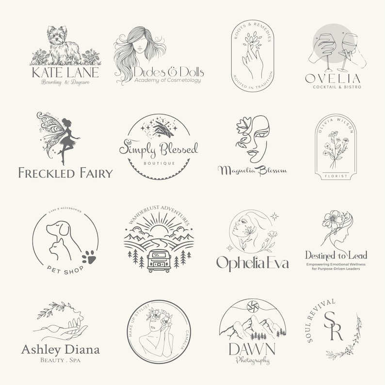 May include: A collection of minimalist logo designs in black and white. The logos feature various themes, including a dog, a fairy, floral designs, and text such as "Kate Lane", "Simply Blessed", and "Dawn Photography".