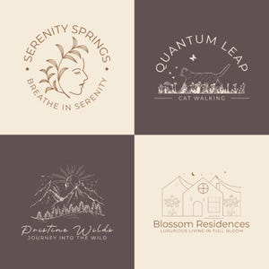 May include: Four logo designs in a square layout. The logos feature line art illustrations and text. The top left logo says "Serenity Springs" and "Breathe in Serenity". The top right logo says "Quantum Leap" and "Cat Walking". The bottom left logo says "Pristine Wilds" and "Journey into the Wild". The bottom right logo says "Blossom Residences" and "Luxurious Living in Full Bloom".