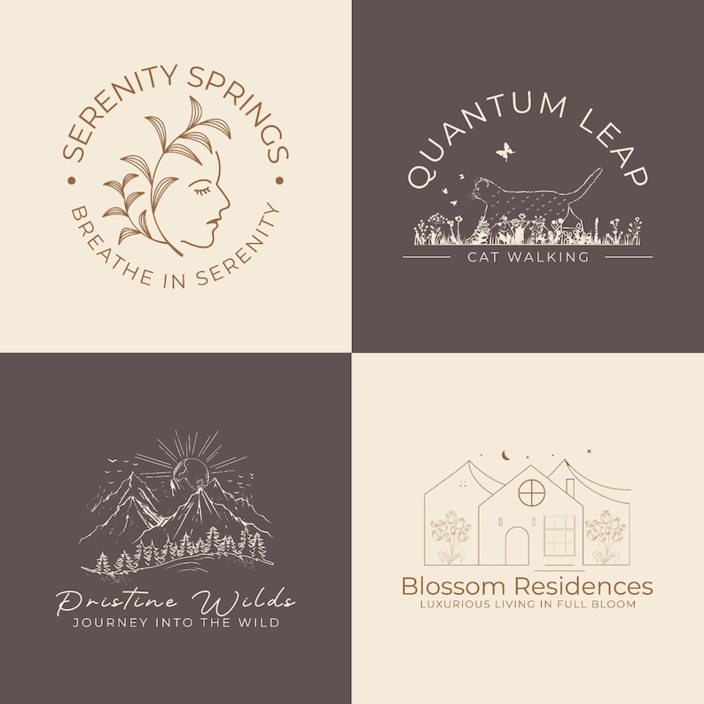 May include: Four logo designs in a square layout. The logos feature line art illustrations and text. The top left logo says "Serenity Springs" and "Breathe in Serenity". The top right logo says "Quantum Leap" and "Cat Walking". The bottom left logo says "Pristine Wilds" and "Journey into the Wild". The bottom right logo says "Blossom Residences" and "Luxurious Living in Full Bloom".
