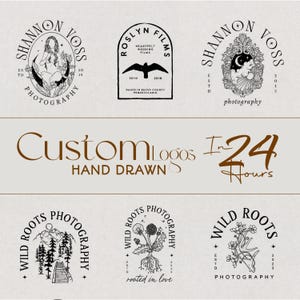 May include: A collection of custom logo designs in a neutral color palette. The logos feature various illustrations, including a woman, a bird, and nature-inspired elements. Text includes "Custom Logos Hand Drawn" and "In 24 Hours".
