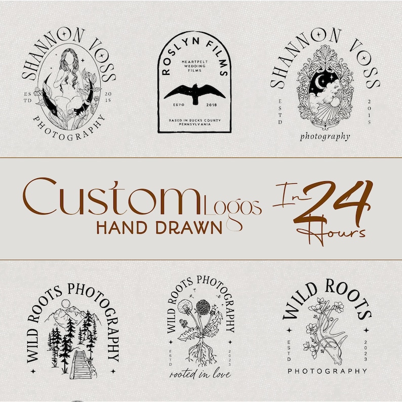 May include: A collection of custom logo designs in a neutral color palette. The logos feature various illustrations, including a woman, a bird, and nature-inspired elements. Text includes "Custom Logos Hand Drawn" and "In 24 Hours".