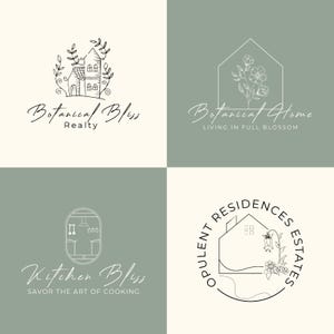 May include: Four minimalist logos on a split background. The logos feature line art of a house, flowers, and kitchen elements. Text includes "Botanical Bliss Realty", "Botanical Home Living in Full Blossom", "Kitchen Bliss Savor the Art of Cooking", and "Opulent Residences Estates".