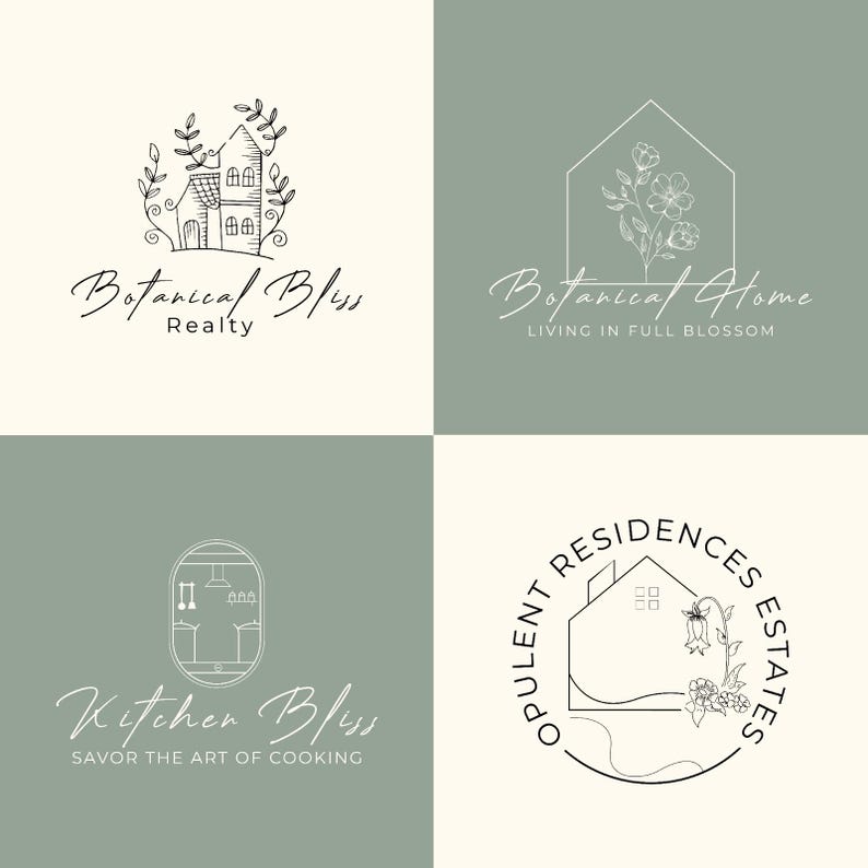 May include: Four minimalist logos on a split background. The logos feature line art of a house, flowers, and kitchen elements. Text includes "Botanical Bliss Realty", "Botanical Home Living in Full Blossom", "Kitchen Bliss Savor the Art of Cooking", and "Opulent Residences Estates".