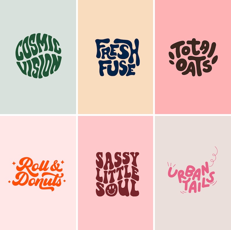 May include: Six colorful graphic designs with text on pastel backgrounds. The phrases include "Cosmic Vision," "Fresh Fuse," "Total Oats," "Roll & Donuts," "Sassy Little Soul," and "Urban Tails." Each design features unique typography and color schemes.