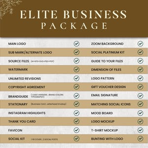 May include: A gold and brown graphic with the text "ELITE BUSINESS PACKAGE." The image lists services including logo design, social media kits, and stationery. Each service has a checkmark next to it.