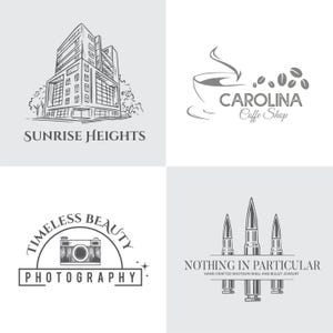 May include: Four grayscale logos. Top left: a building with the text "SUNRISE HEIGHTS". Top right: a coffee cup and beans with "CAROLINA Coffe Shop". Bottom left: a camera with "TIMELESS BEAUTY PHOTOGRAPHY". Bottom right: bullets with "NOTHING IN PARTICULAR".