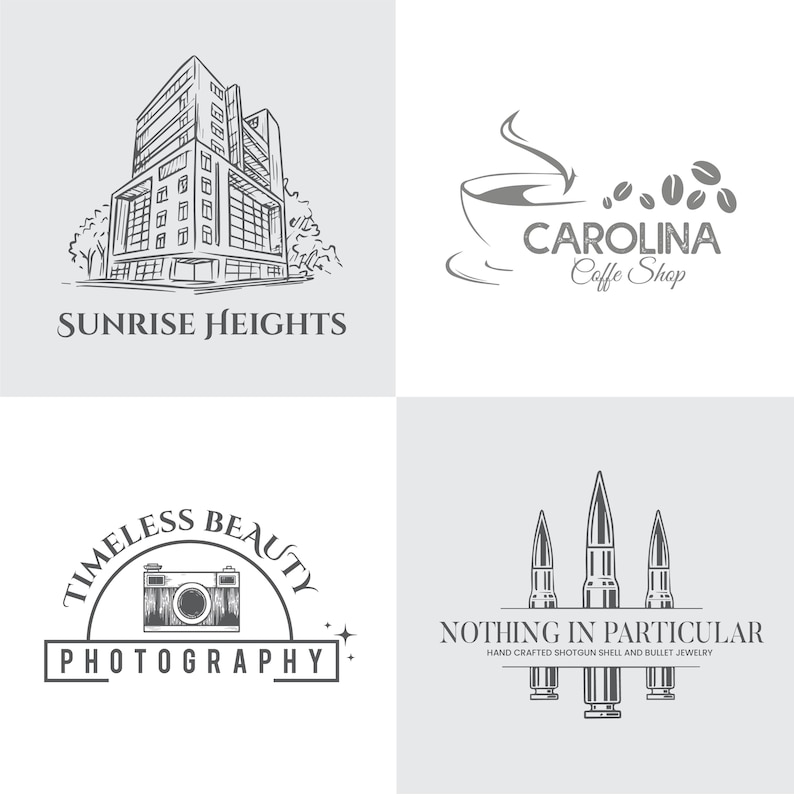 May include: Four grayscale logos. Top left: a building with the text "SUNRISE HEIGHTS". Top right: a coffee cup and beans with "CAROLINA Coffe Shop". Bottom left: a camera with "TIMELESS BEAUTY PHOTOGRAPHY". Bottom right: bullets with "NOTHING IN PARTICULAR".