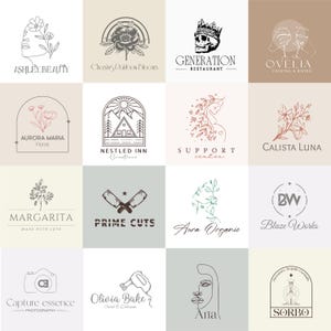 May include: A collection of minimalist logo designs in a grid layout. Each logo features line art illustrations and text, including floral motifs, a skull with a crown, and a camera. The color palette is primarily neutral with touches of color.