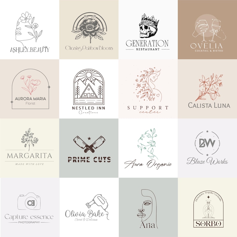 May include: A collection of minimalist logo designs in a grid layout. Each logo features line art illustrations and text, including floral motifs, a skull with a crown, and a camera. The color palette is primarily neutral with touches of color.