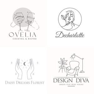 May include: Four minimalist logo designs in a line art style. The logos include a cocktail glass toast, a face with leaves, hands holding a crescent moon, and a living room scene. Each logo has a business name.