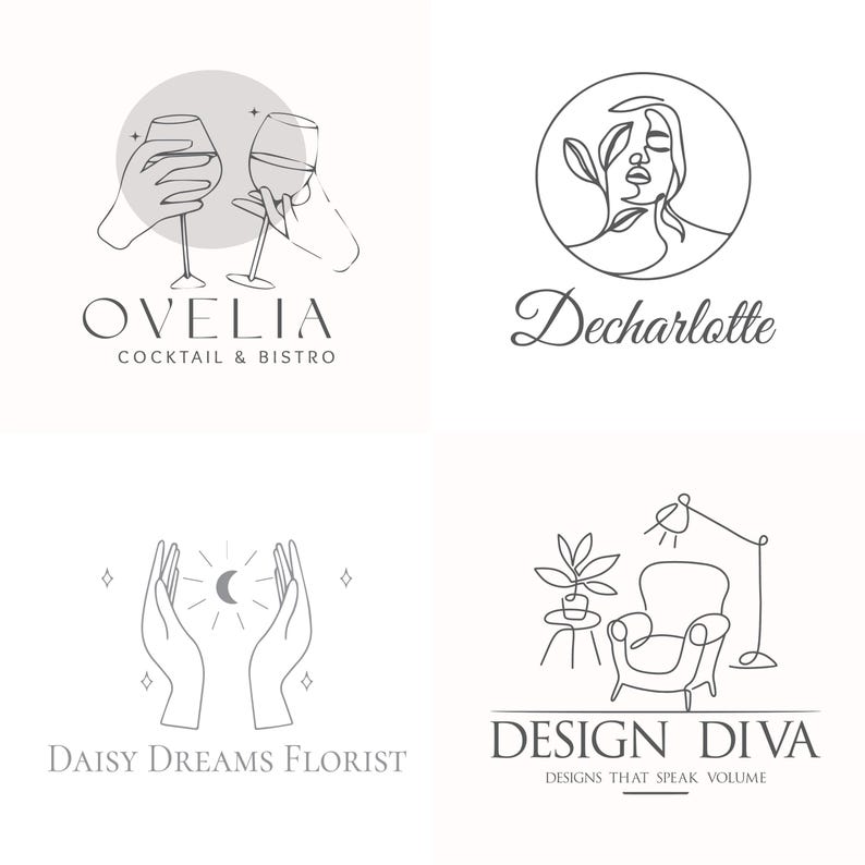 May include: Four minimalist logo designs in a line art style. The logos include a cocktail glass toast, a face with leaves, hands holding a crescent moon, and a living room scene. Each logo has a business name.