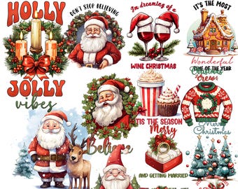 Paquete de imágenes PNG navideñas / Diseños de Papá Noel / Imágenes PNG para sublimación navideña / Imágenes prediseñadas navideñas vintage / Imágenes PNG para camisetas navideñas / Arte imprimible de invierno