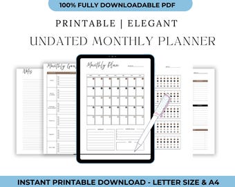 May include: An undated monthly planner with a calendar layout displayed on a tablet. Additional pages include a notes section, a goals section, and a yearly calendar. A pen with a polka dot design is included. Text on the image reads "PRINTABLE | ELEGANT UNDATED MONTHLY PLANNER."