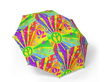 Psychedelischer Peace Zeichen Muster Regenschirm | Farbenfroher Retro Pop Art Regenschirm
