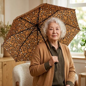 May include: An open umbrella with a leopard print pattern in shades of brown, tan, and black. The umbrella is held by a person wearing a brown cardigan and a green shirt. The background includes a wooden cabinet and a window.