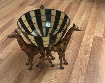 Whimsical Checkerboard Mosaic Pedestal Bowl on Golden Giraffe Trio Base