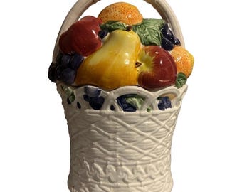Tarro de galletas de cerámica con cesta de frutas de arte internacional vintage