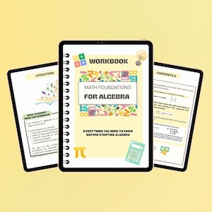 Puede incluir: Tres tabletas digitales que muestran un cuaderno de matemáticas titulado "Math Foundations for Algebra". La portada presenta símbolos matemáticos coloridos y una calculadora. El cuaderno está encuadernado en espiral e incluye el texto "Everything You Need to Know Before Starting Algebra."