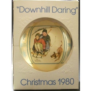 1980 Christmas Ornament ‘Downhill Daring’ Norman Rockwell Inspired, Vintage 1980 ** FREE SHIPPING